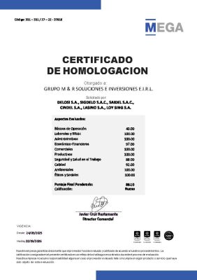 Certificado Grupo M & R Soluciones E Inversiones E.I.R.L. - DELOSI