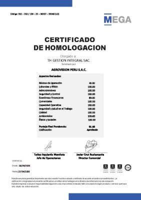 Certificado LEV. TH GESTION INTEGRAL SAC - AGROVISION