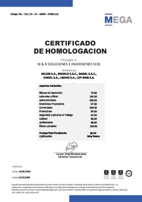 Certificado Lev. M & R Soluciones e Inversiones SCRL - DELOSI